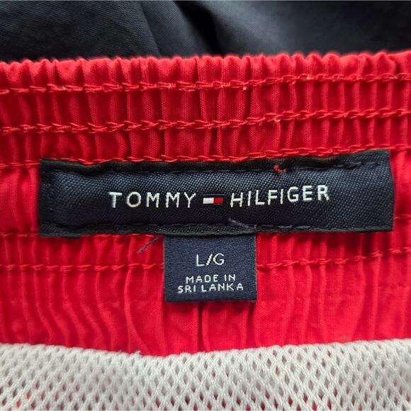 F Tommy Hilfiger Red Navy Colorblock Swim Trunks Shorts Mens Size L Preppy - Picture 8 of 10